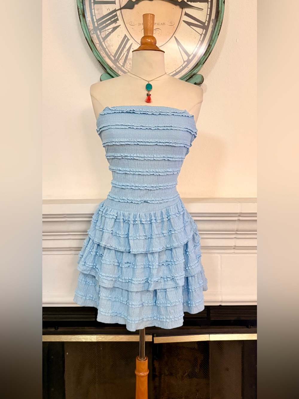 Thirty Thirty Strapless Light Blue Ruffle Mini Dress - Picture 4 of 8